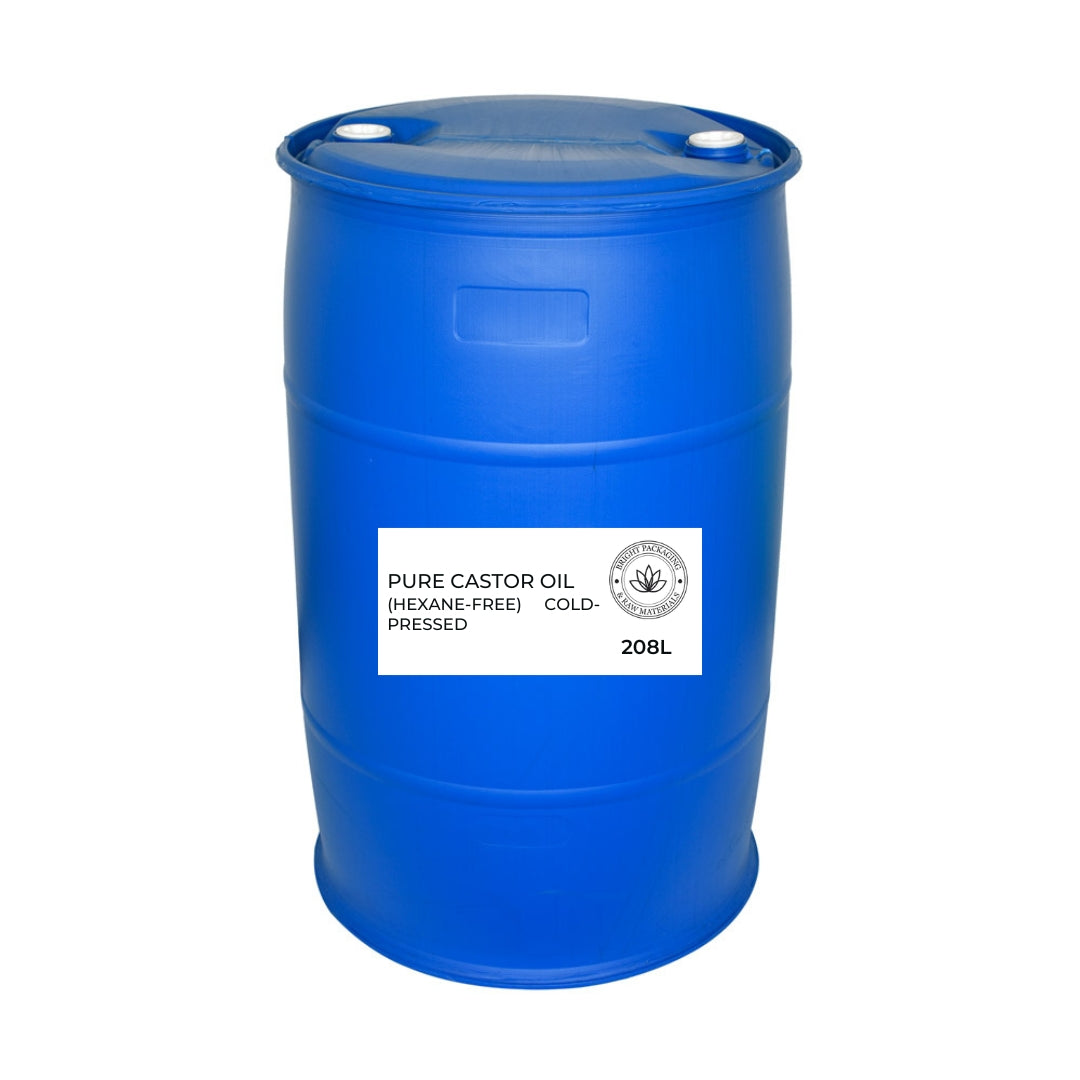 Industrial-size 208L drum of pure castor oil, cold-pressed and hexane-free, designed for bulk supply and manufacturing.