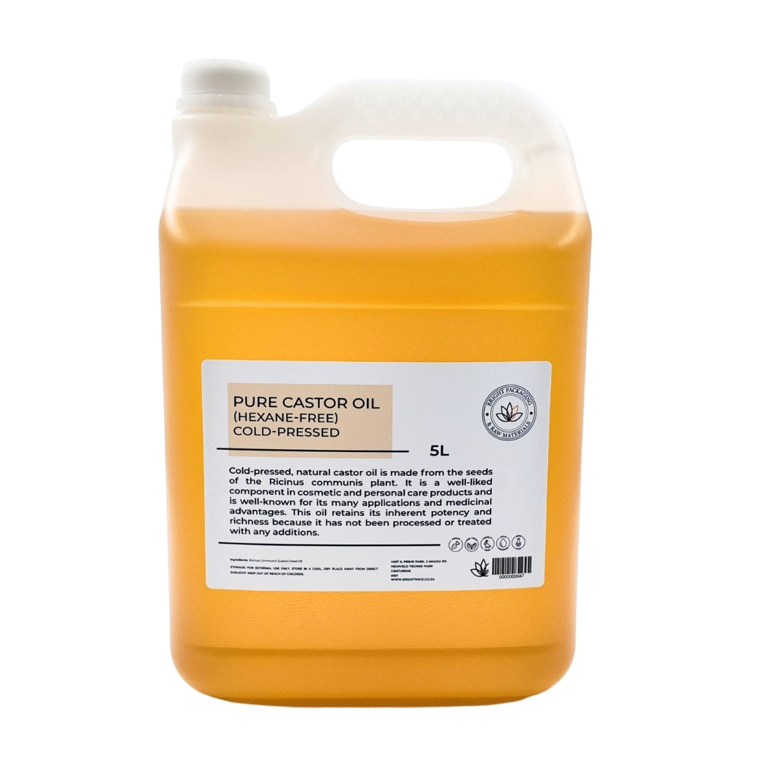 Large 5L jerry can of cold-pressed castor oil, hexane-free bulk packaging for skin, hair, and wellness use.