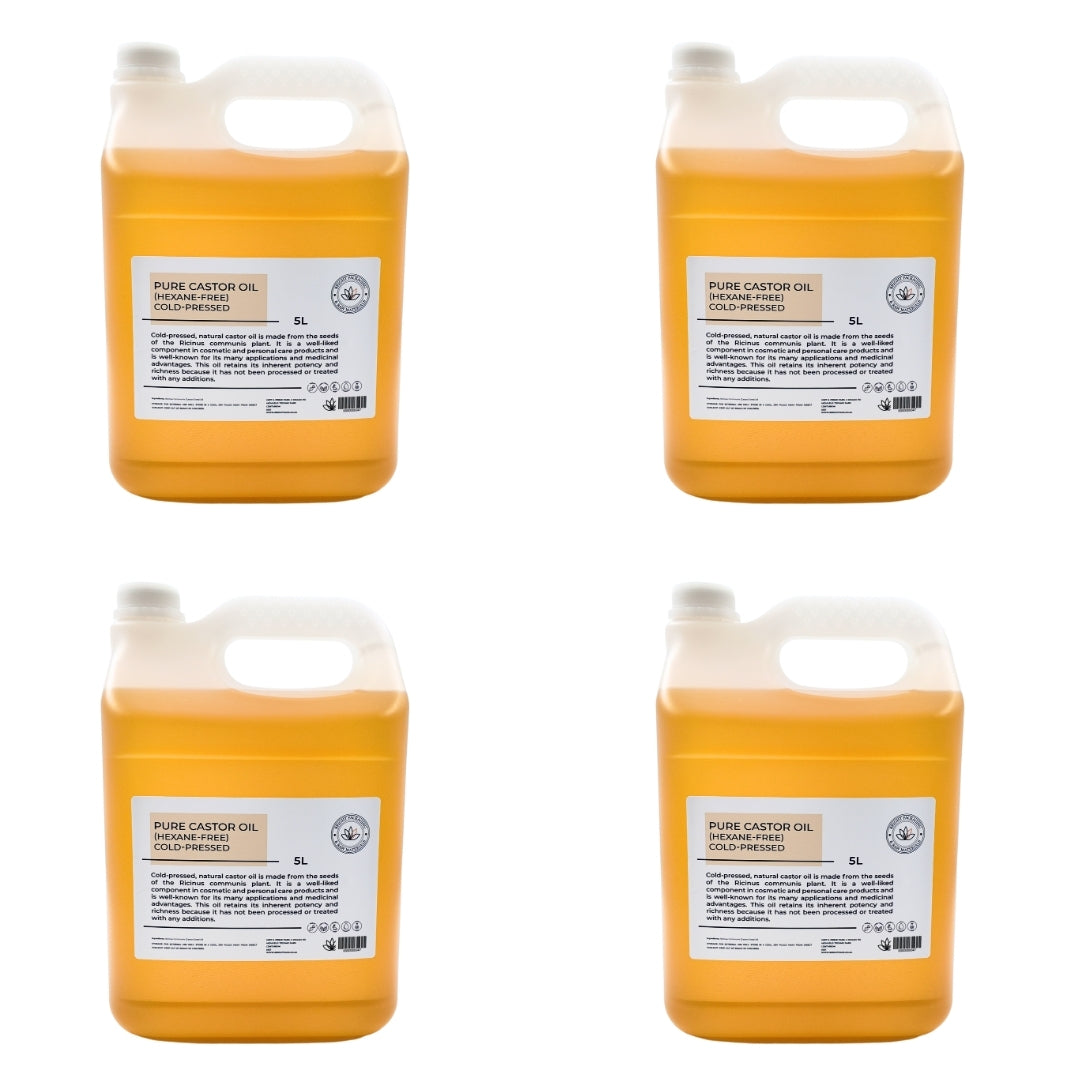 Bulk pack of four 5L containers of pure castor oil, cold-pressed and hexane-free, ideal for business or wholesale.