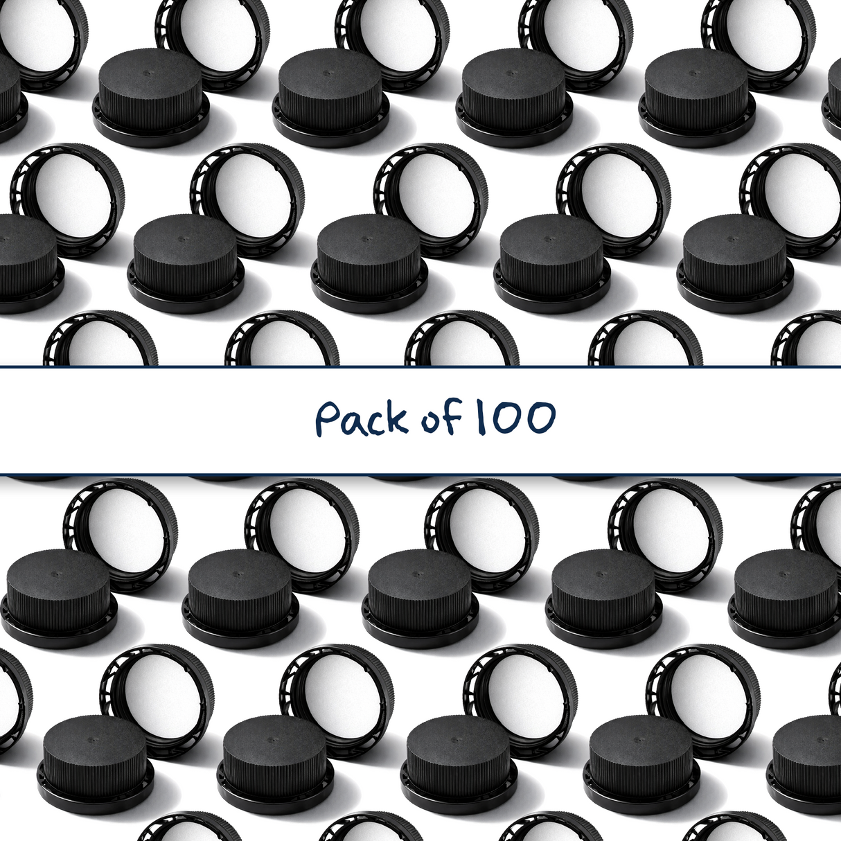 Multiple 38 mm ratchet caps with EPE liner for plastic bottles, providing secure closure for pharmaceutical, supplement and chemical packaging