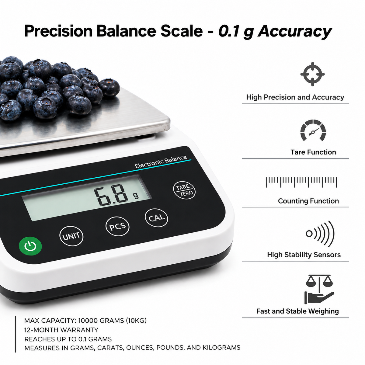 Precision Balance Scale with 0.1 g accuracy, featuring tare and counting functions, stability sensors and a 10 kg maximum capacity.
