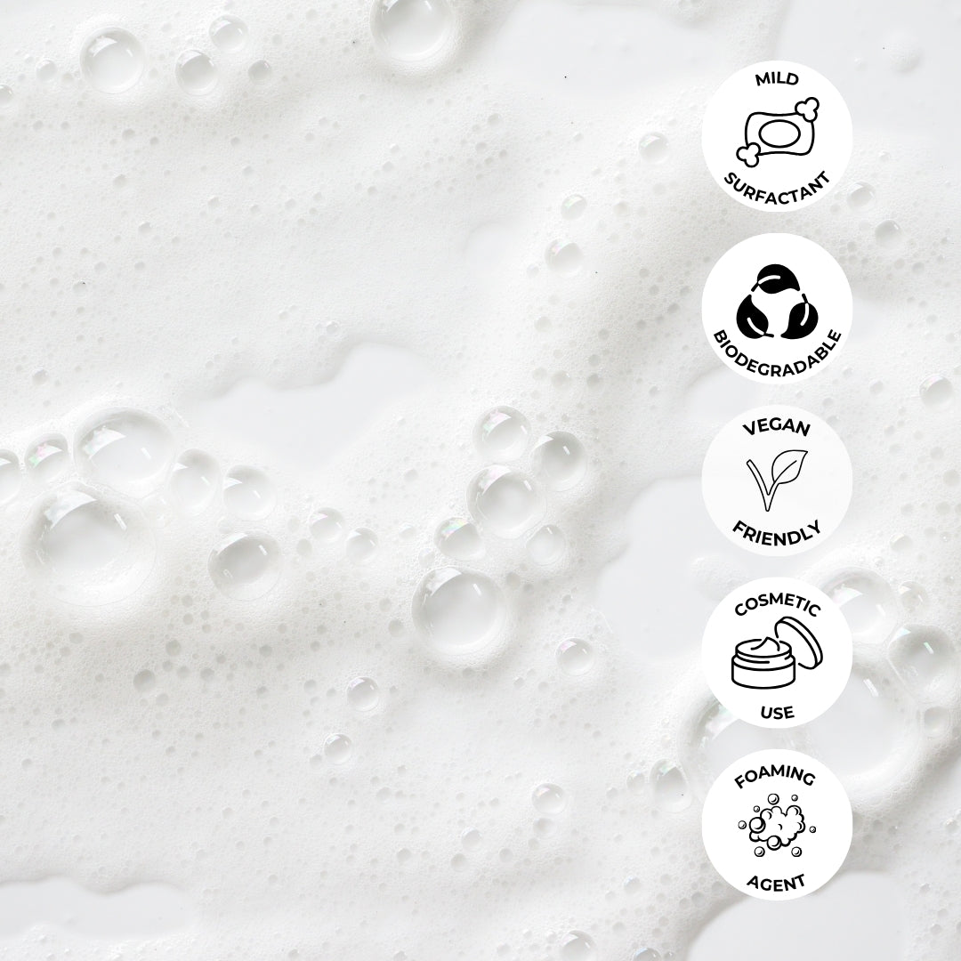 Foamy liquid with icons indicating mild surfactant, biodegradable, vegan friendly, cosmetic use, and foaming agent.