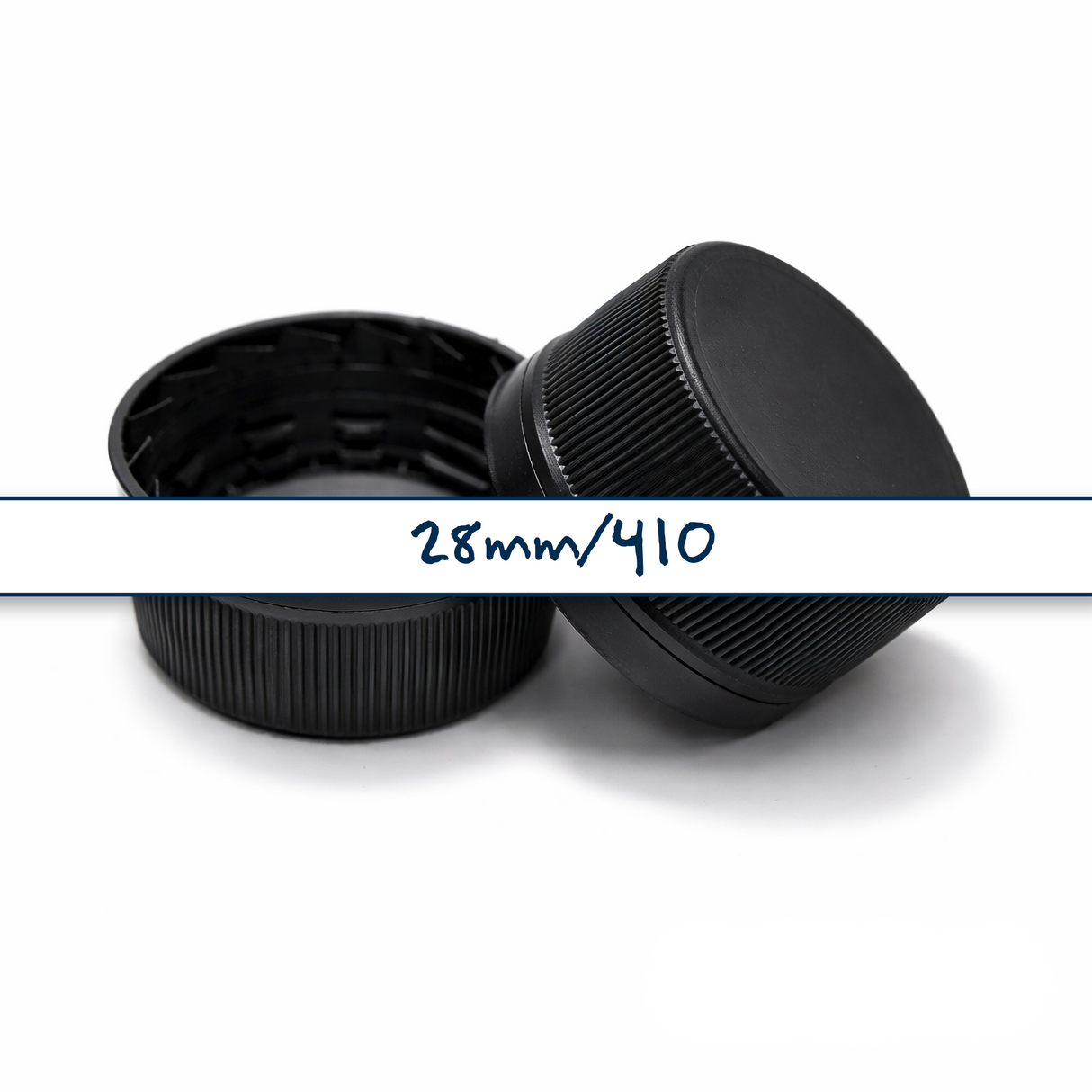 Black 28 mm tamper evident cap for plastic bottles, ideal for cosmetic, pharmaceutical and liquid product packaging