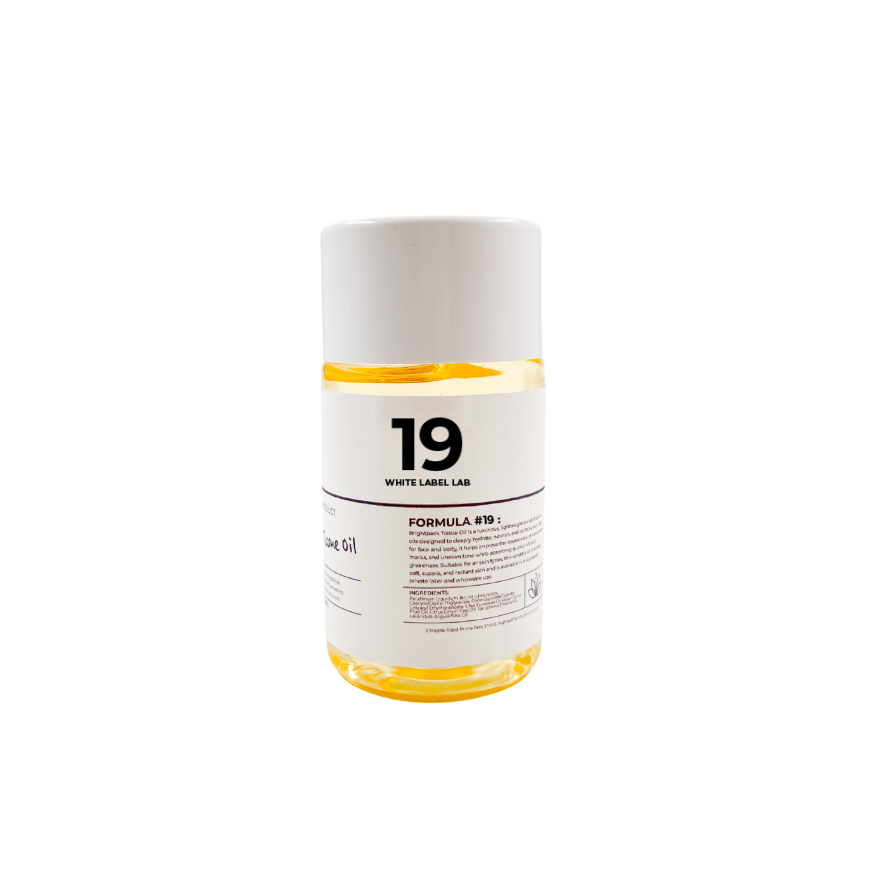 Bottle of Formula 19 tissue oil from White Label Lab on a white background