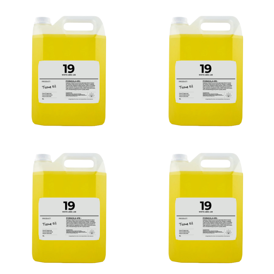 Four 5L tissue oil containers with labels on a white background