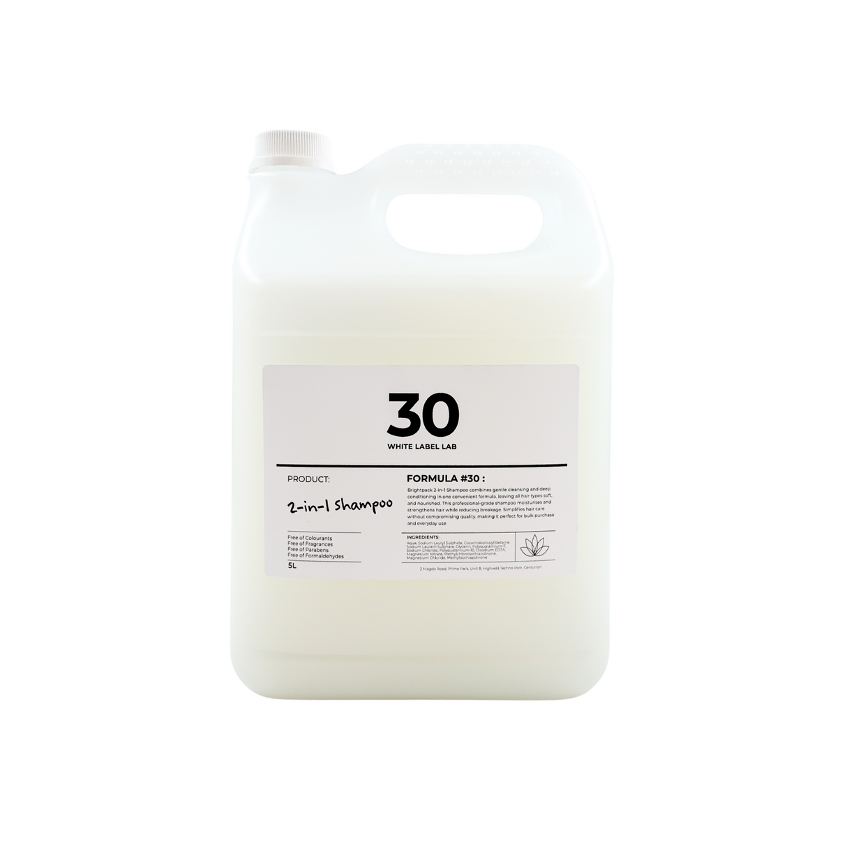 Brightpack 2-in-1 Shampoo #30 in a 5L clear jerry can with labelled product information