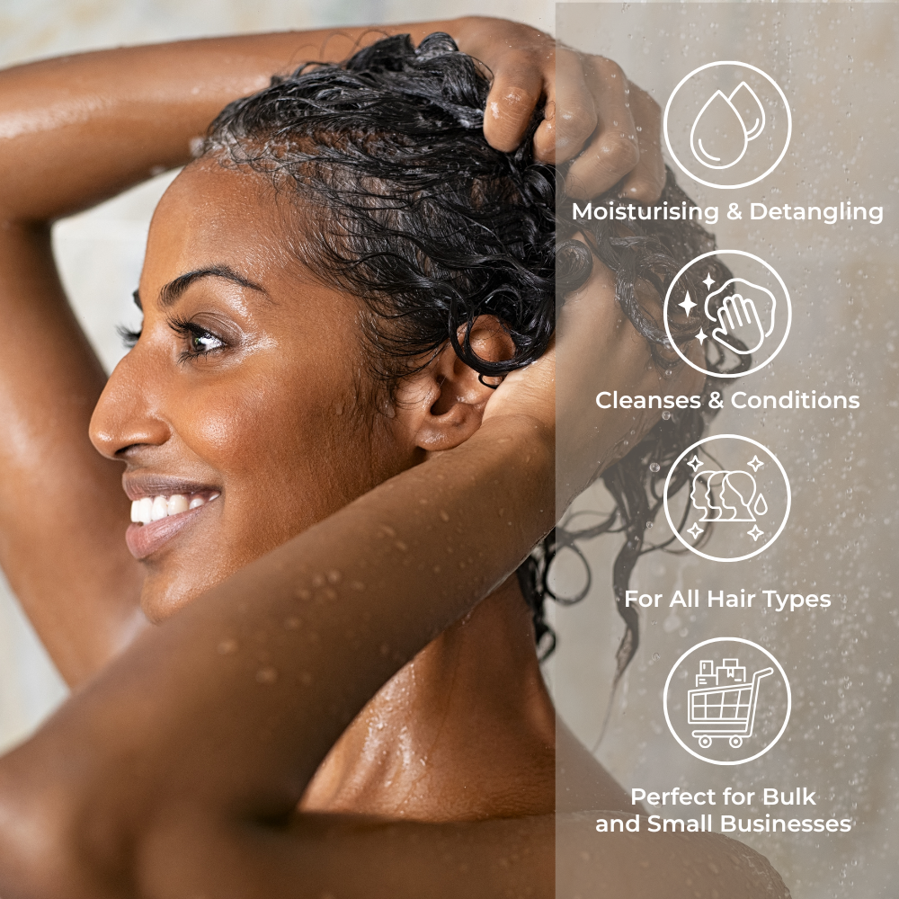 Person washing hair with Brightpack 2-in-1 Shampoo #30, benefit icons shown at the side