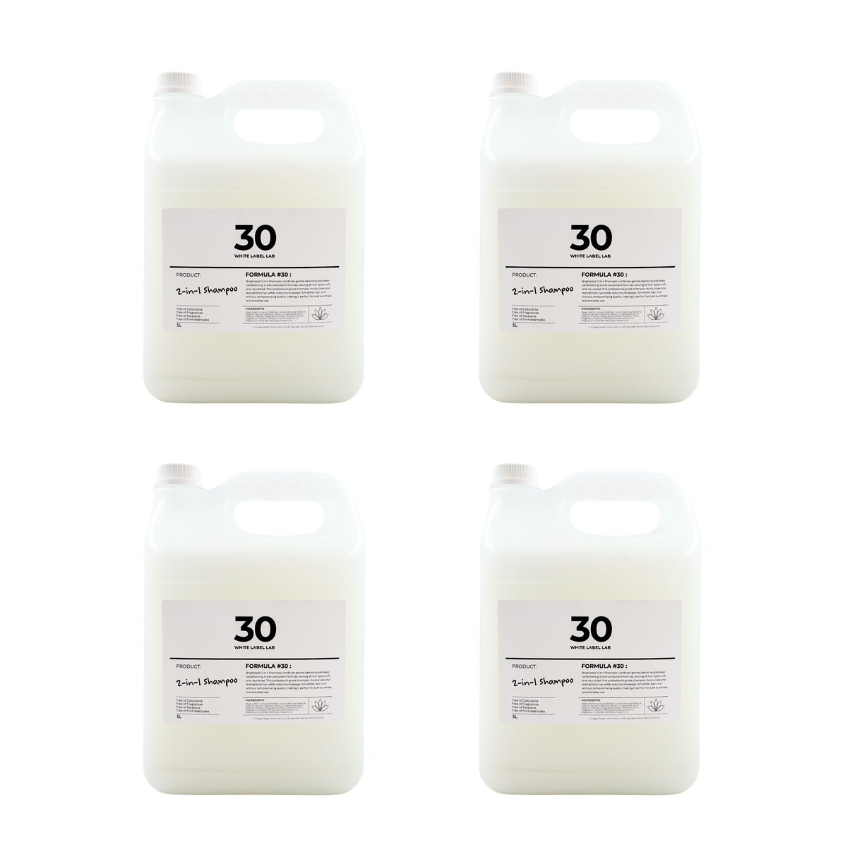 Four Brightpack 2-in-1 Shampoo #30 jerry cans displayed together for bulk pack option