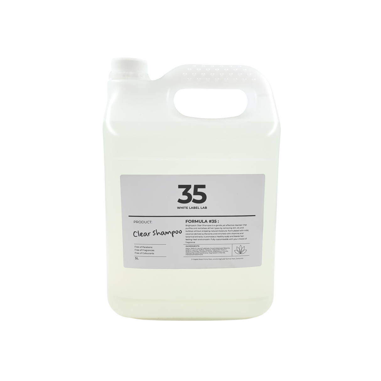 Brightpack Clear Shampoo #35 in a 5L clear jerry can with labelled product information
