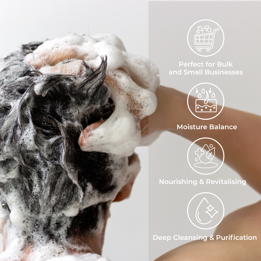 Person washing hair with Brightpack Clear Shampoo #35, benefit icons shown at the side