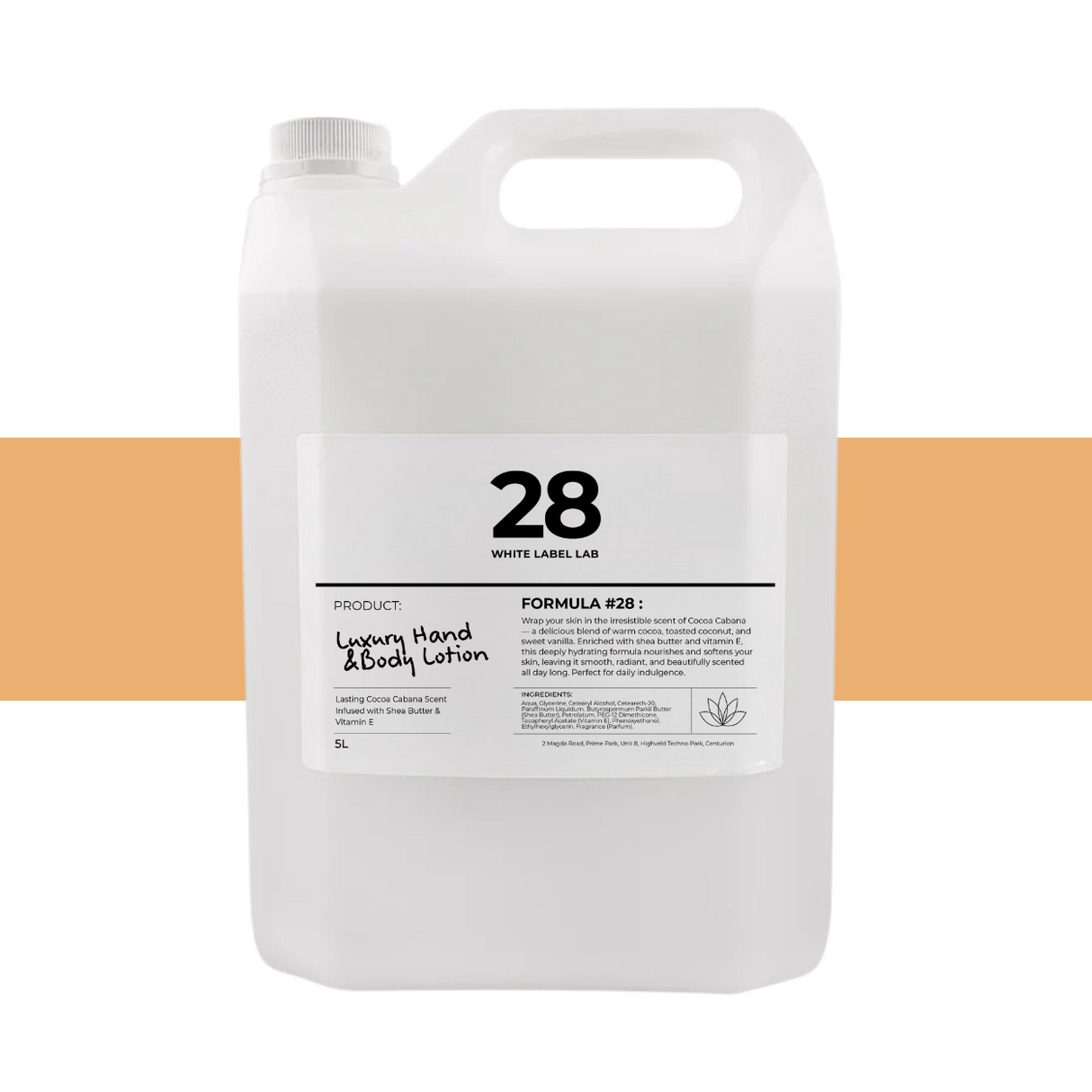 Brightpack Cocoa Cabana Luxury Hand and Body Lotion #28 in a 5L jerry can with labelled product information