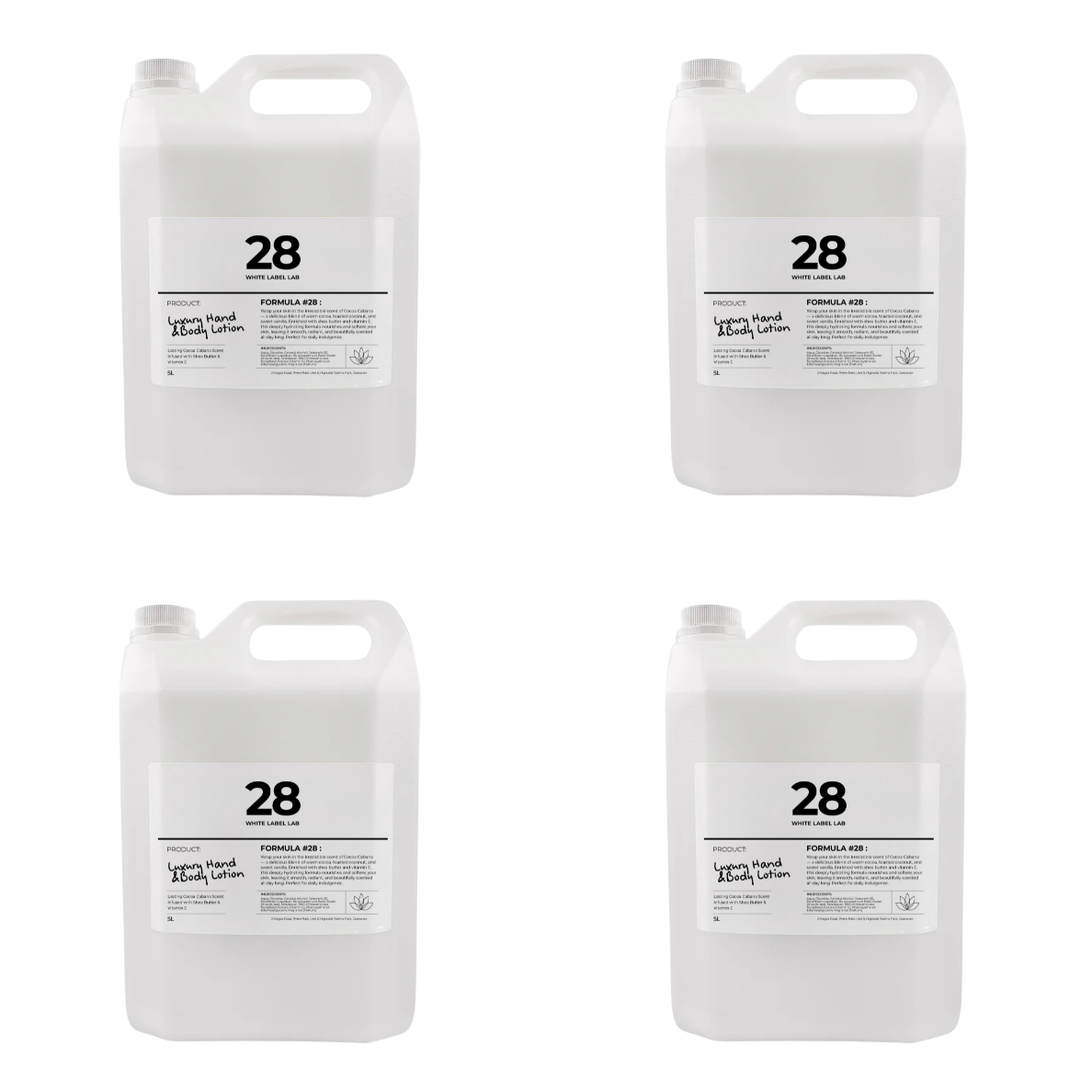 Four Brightpack Cocoa Cabana Luxury Hand and Body Lotion #28 jerry cans displayed together for bulk pack option