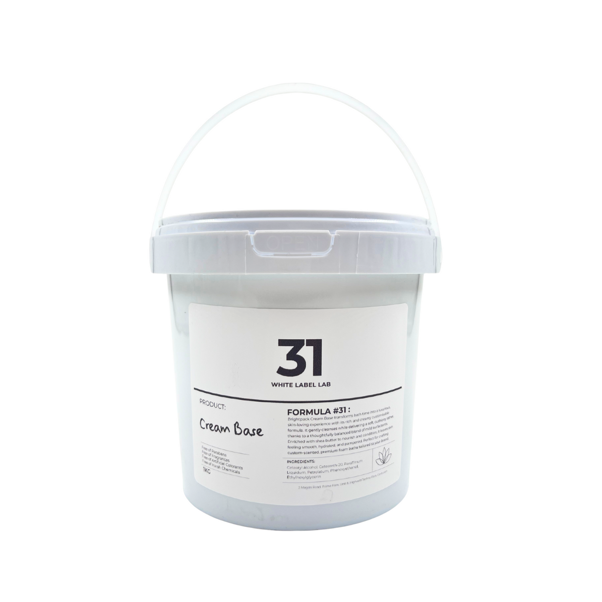 Brightpack Cream Base #31 in a 1kg white bucket with labelled product information