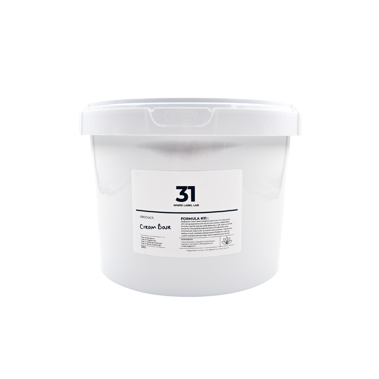 Brightpack Cream Base #31 in a 5kg white bucket with labelled product information