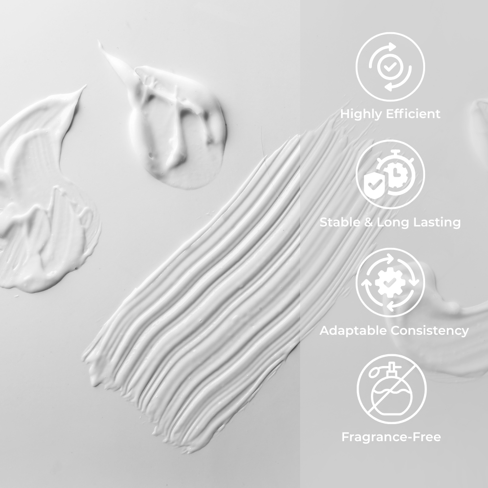 White cream or gel with text highlighting features on a light gray background. Smudges of Brightpack Cream Base #31 with benefit icons displayed at the side