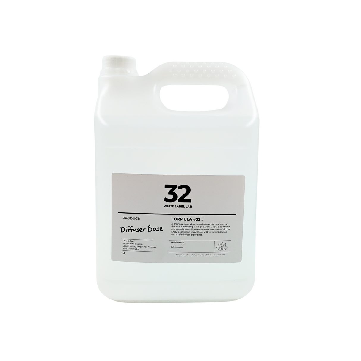 Brightpack Diffuser Base #32 in a 5L clear jerry can with labelled product information