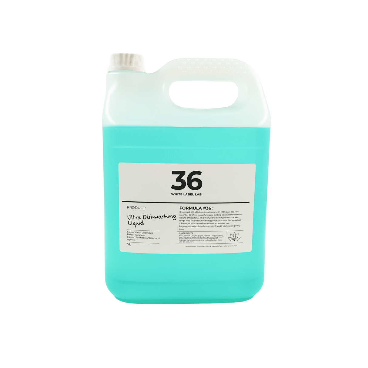 Brightpack Ultra Dishwashing Liquid #36 in a 5L clear jerry can with blue liquid and labelled product information