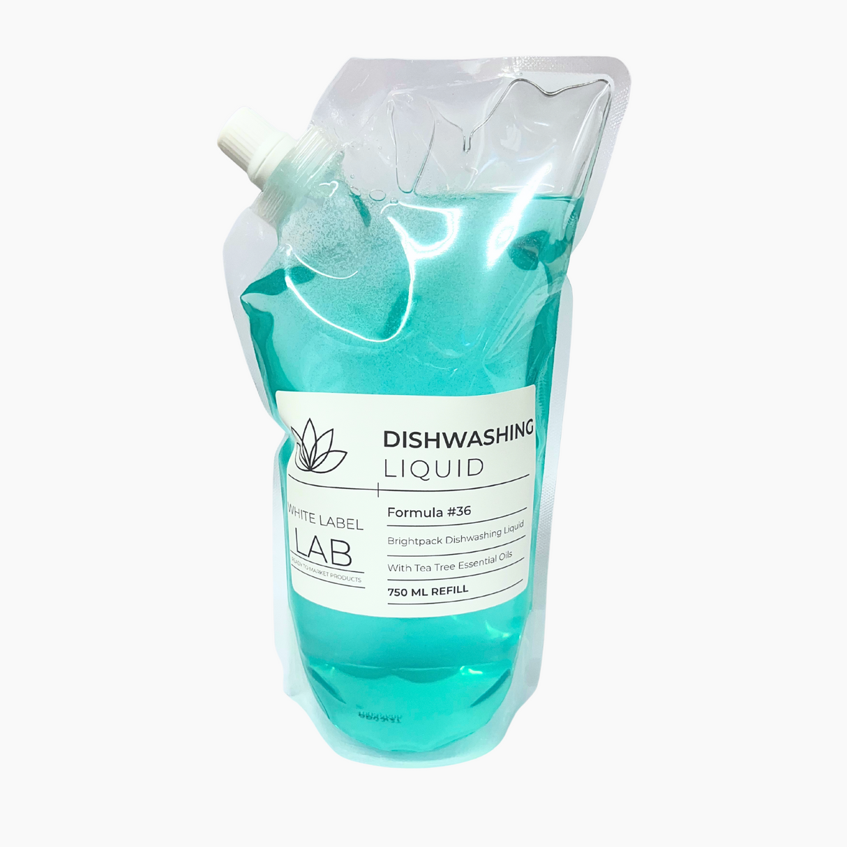 Brightpack Ultra Dishwashing Liquid #36 in a 750ml clear pouch with blue liquid and product label