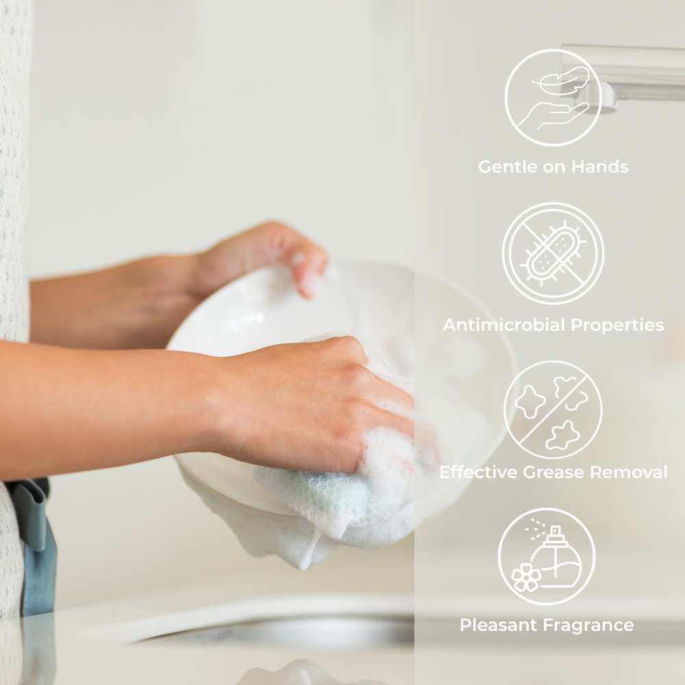 Person washing dishes with Brightpack Ultra Dishwashing Liquid #36 creating soap and bubbles