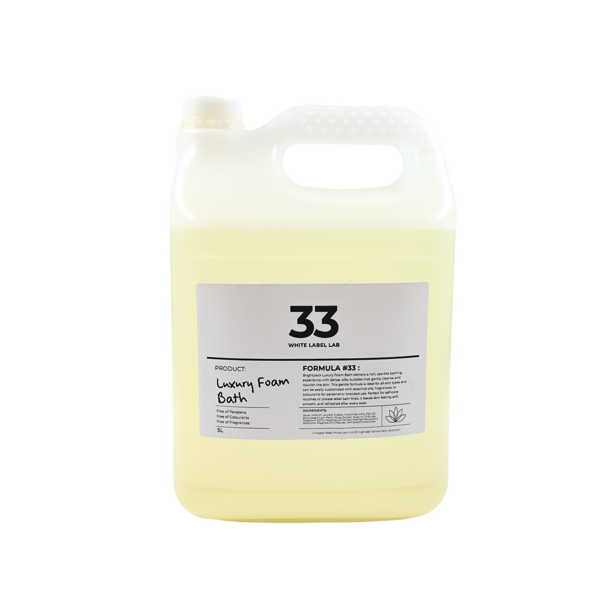 Brightpack Luxury Foam Bath #33 in a 5L clear jerry can with labelled product information