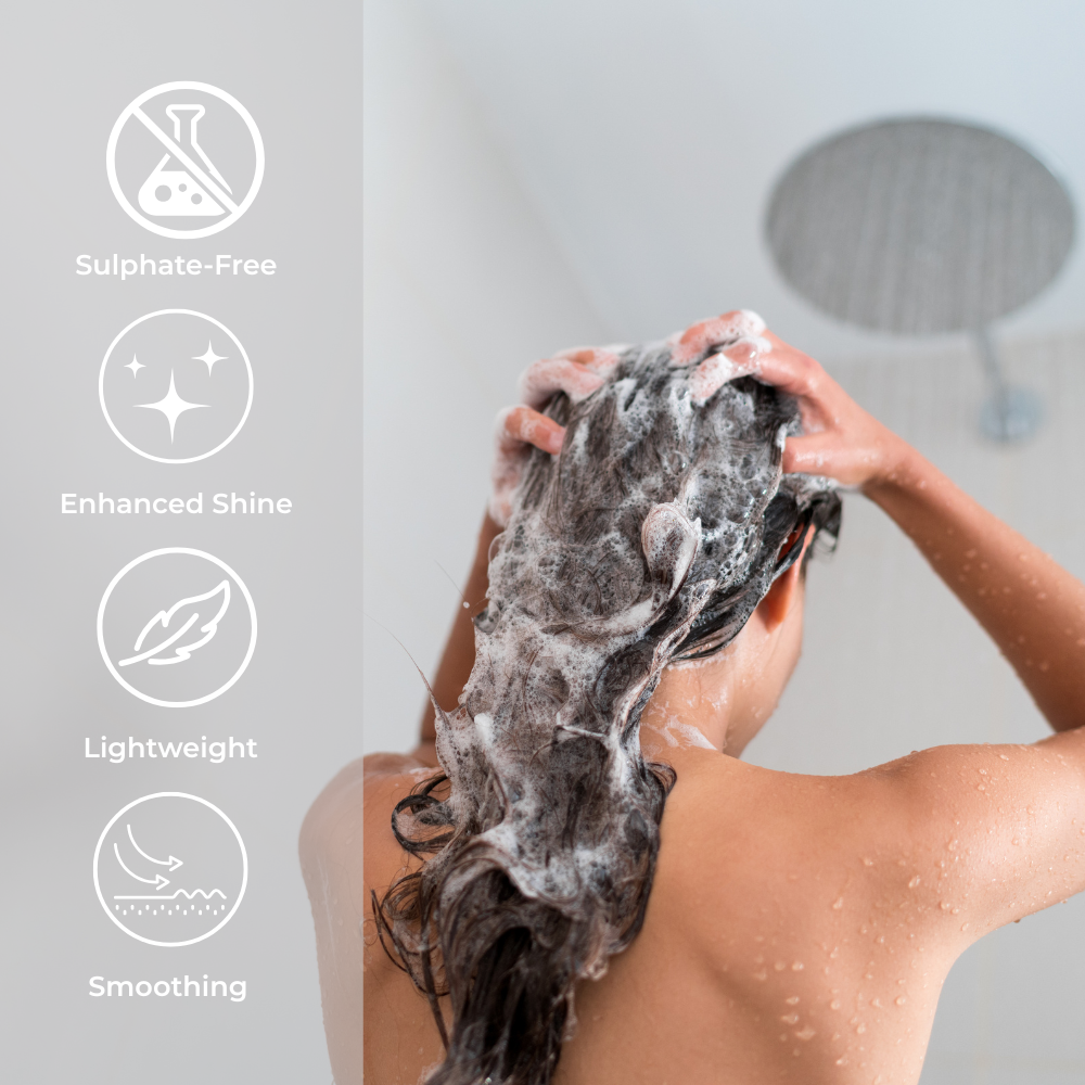 Person applying Brightpack Hair Conditioner #37 in hair while showering with benefit icons shown at the side