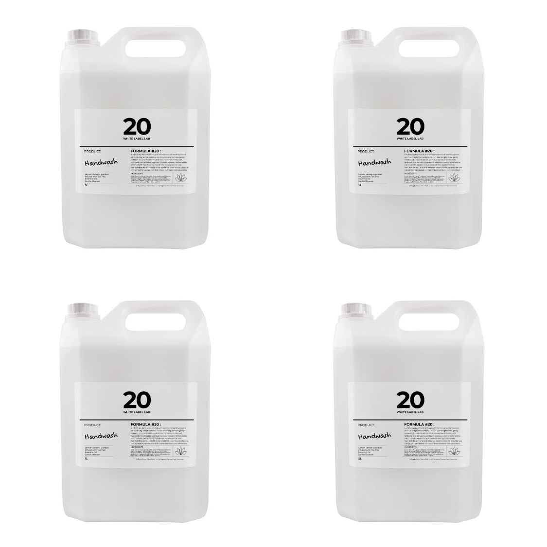 Four jerry cans of Brightpack Tea Tree & Lemon Verbena Luxury Handwash #20 arranged together to show pack of 4 option