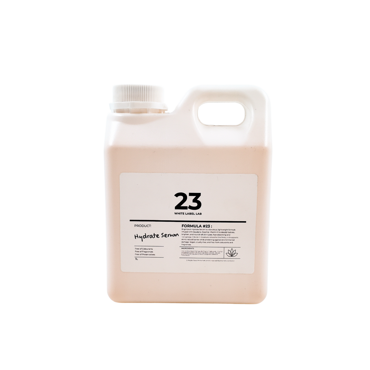 Brightpack Hydrate Serum #23 in a 1L jerry can with labelled product information