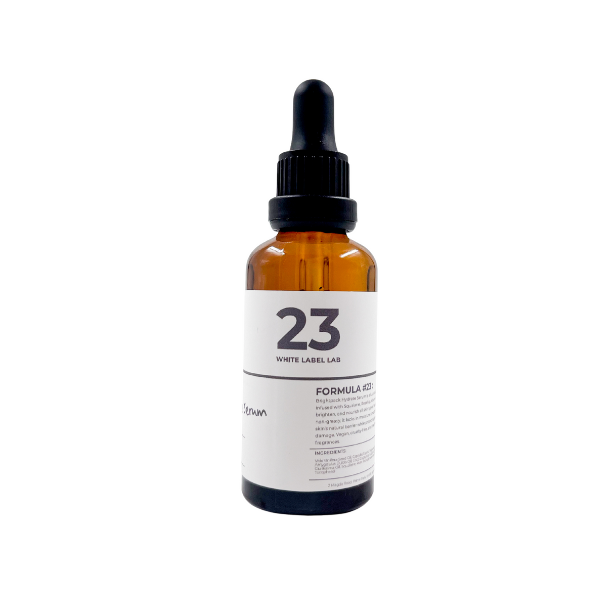 Brightpack Hydrate Serum #23 in a 50ml amber glass bottle with black pipette dropper and product label