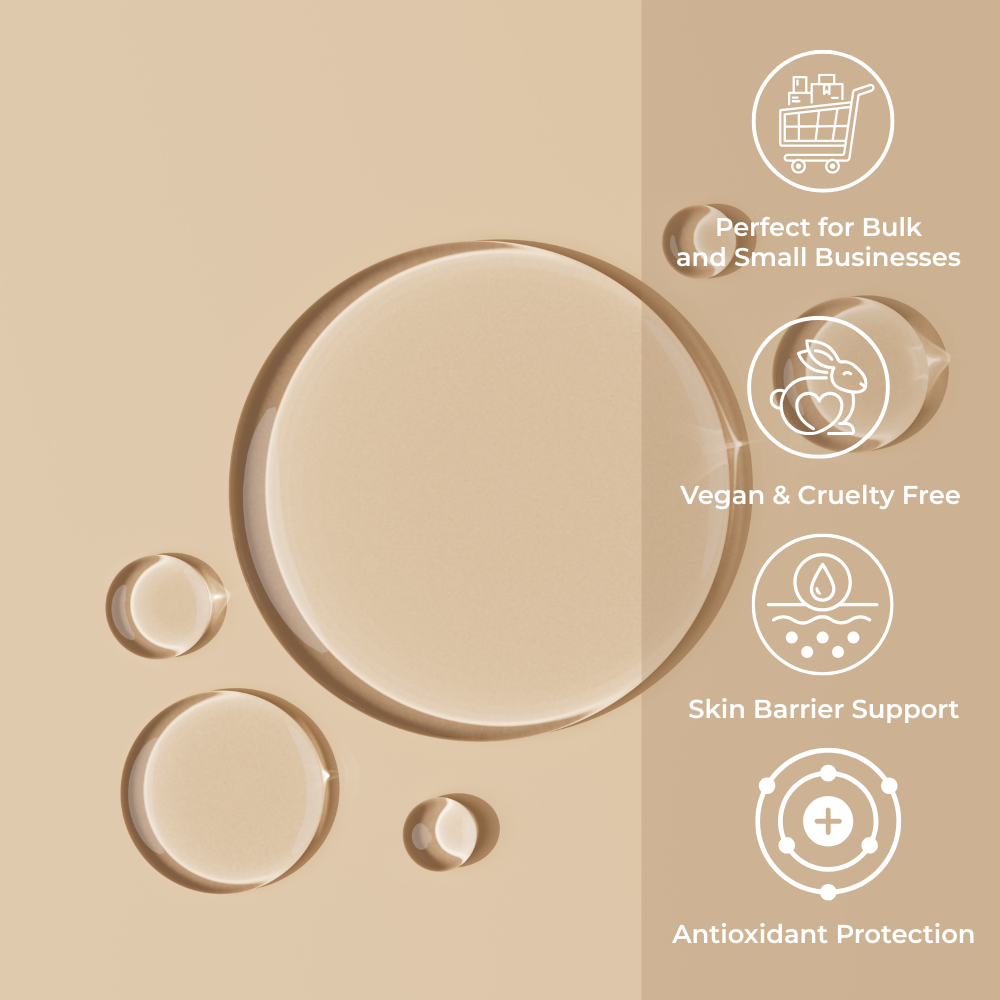 Drops of Brightpack Hydrate Serum #23 shown close-up with benefit icons displayed at the side