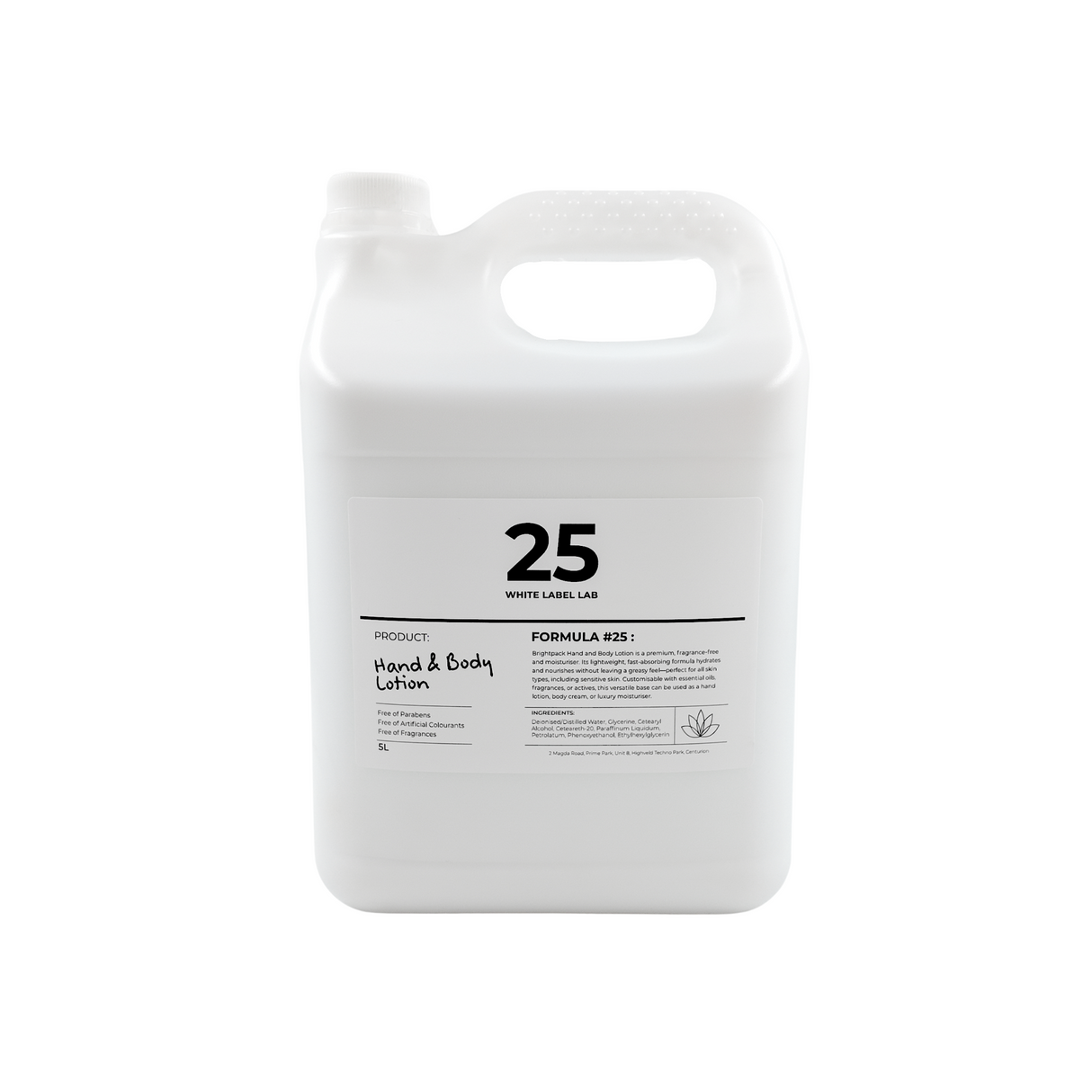 Brightpack Hand and Body Lotion #25 in a 5L jerry can with labelled product information