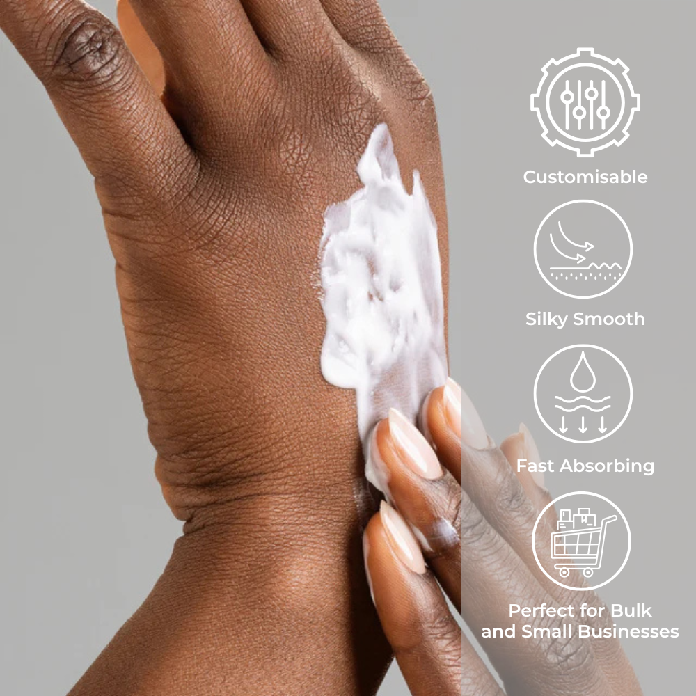 Hand applying Brightpack Hand and Body Lotion #25 with benefit icons shown at the side