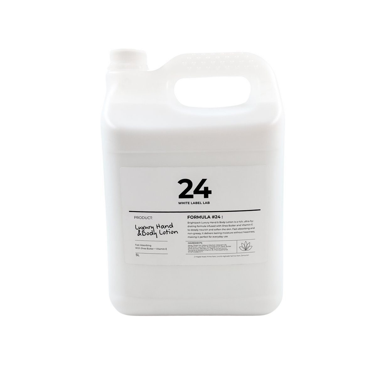 Brightpack Luxury Hand and Body Lotion #24 in a 5L jerry can with labelled product information