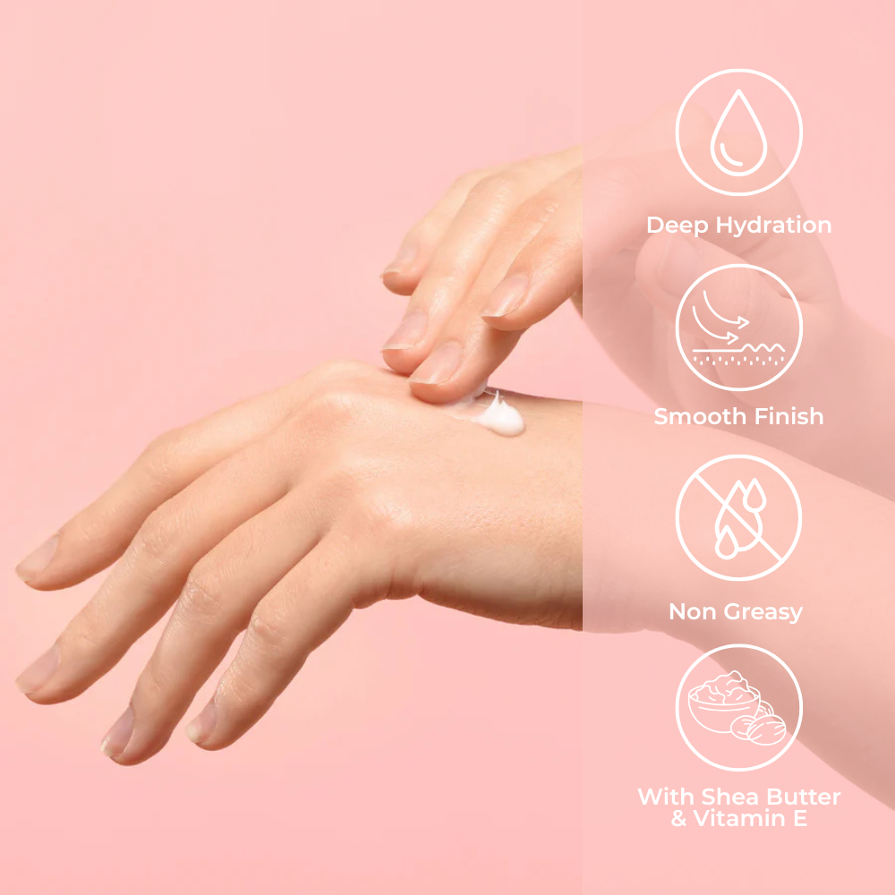 Hands applying Brightpack Luxury Hand and Body Lotion #24 with benefit icons shown at the side