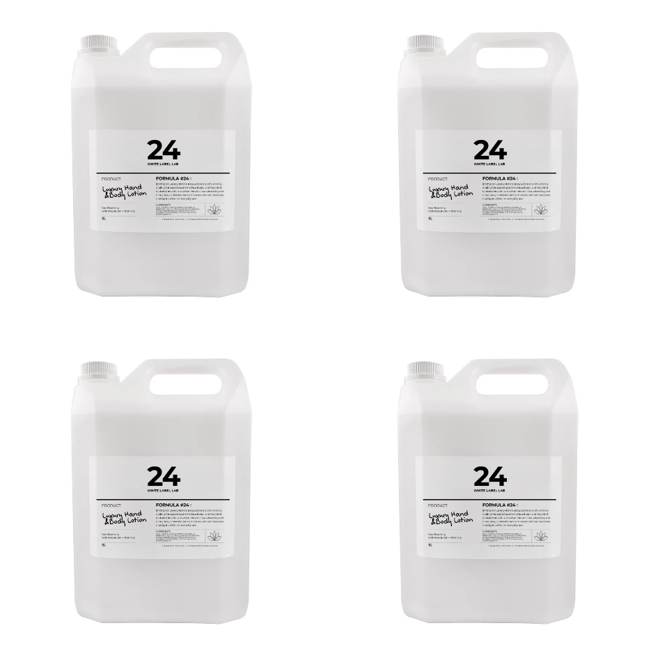 Four Brightpack Luxury Hand and Body Lotion #24 jerry cans displayed together for bulk pack option