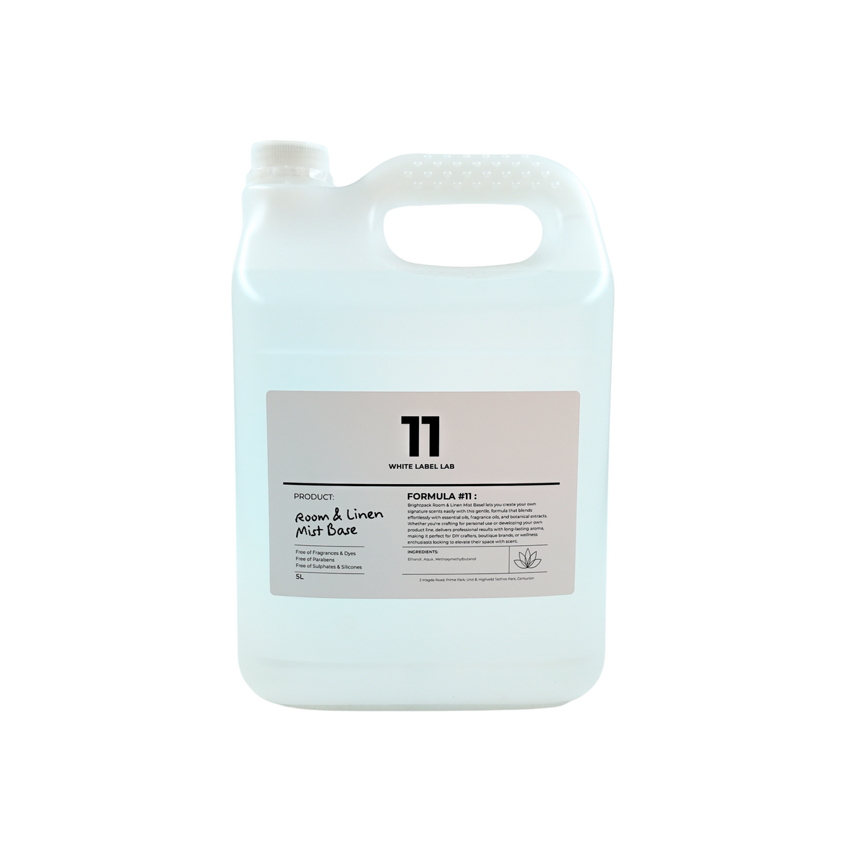 Brightpack Room and Linen Mist Base #11 in a 5L clear jerry can with labelled product information