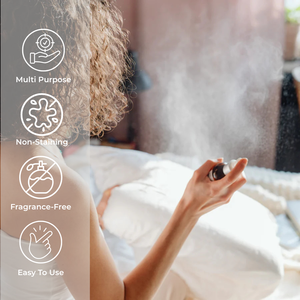 Person spraying Brightpack Room and Linen Mist Base #11 in a clean white room to show freshness