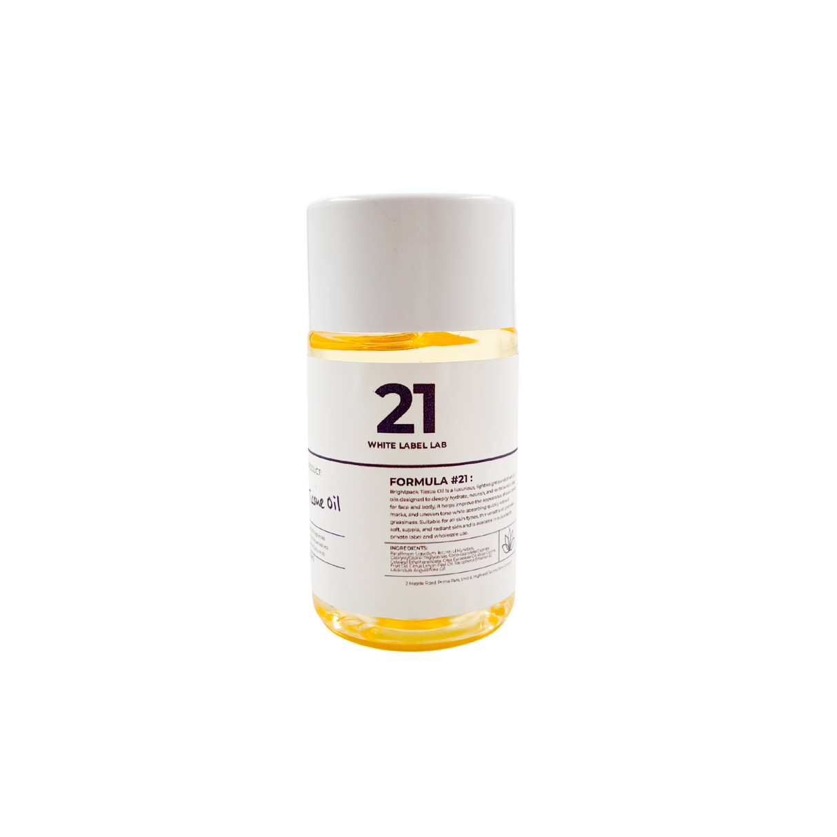 Brightpack Tissue Oil #21 in a 50ml clear plastic bottle with white cap showing yellow oil inside