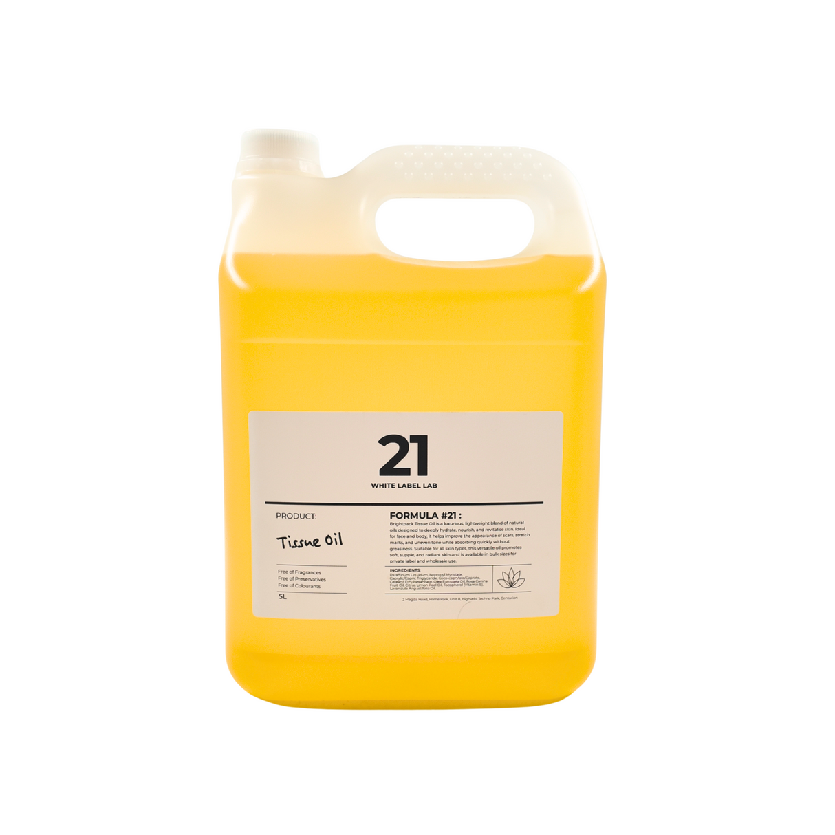 Brightpack Tissue Oil #21 in a 5L clear jerry can with yellow liquid visible and product label