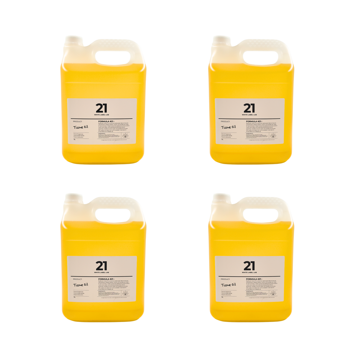 Four Brightpack Tissue Oil #21 5L jerry cans displayed together for bulk pack option