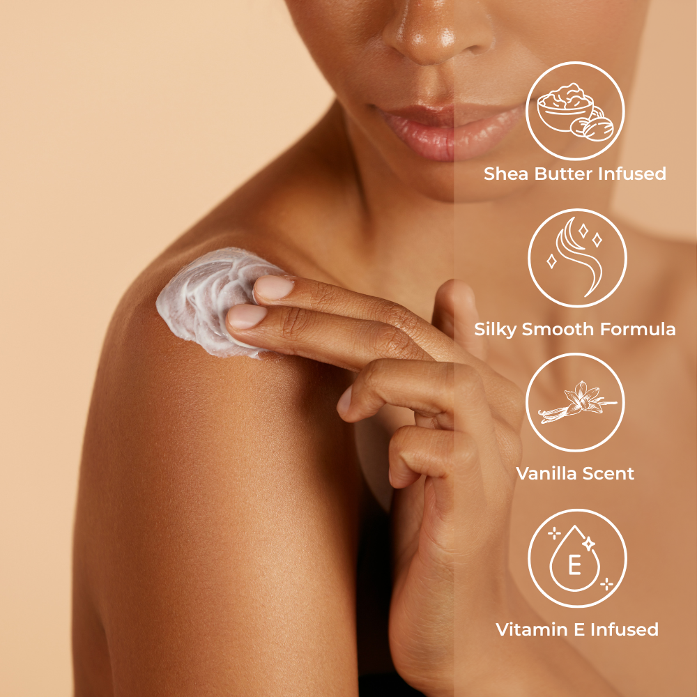 Person applying Brightpack Vanilla Sundae Luxury Hand and Body Lotion #27 with benefit icons shown at the side