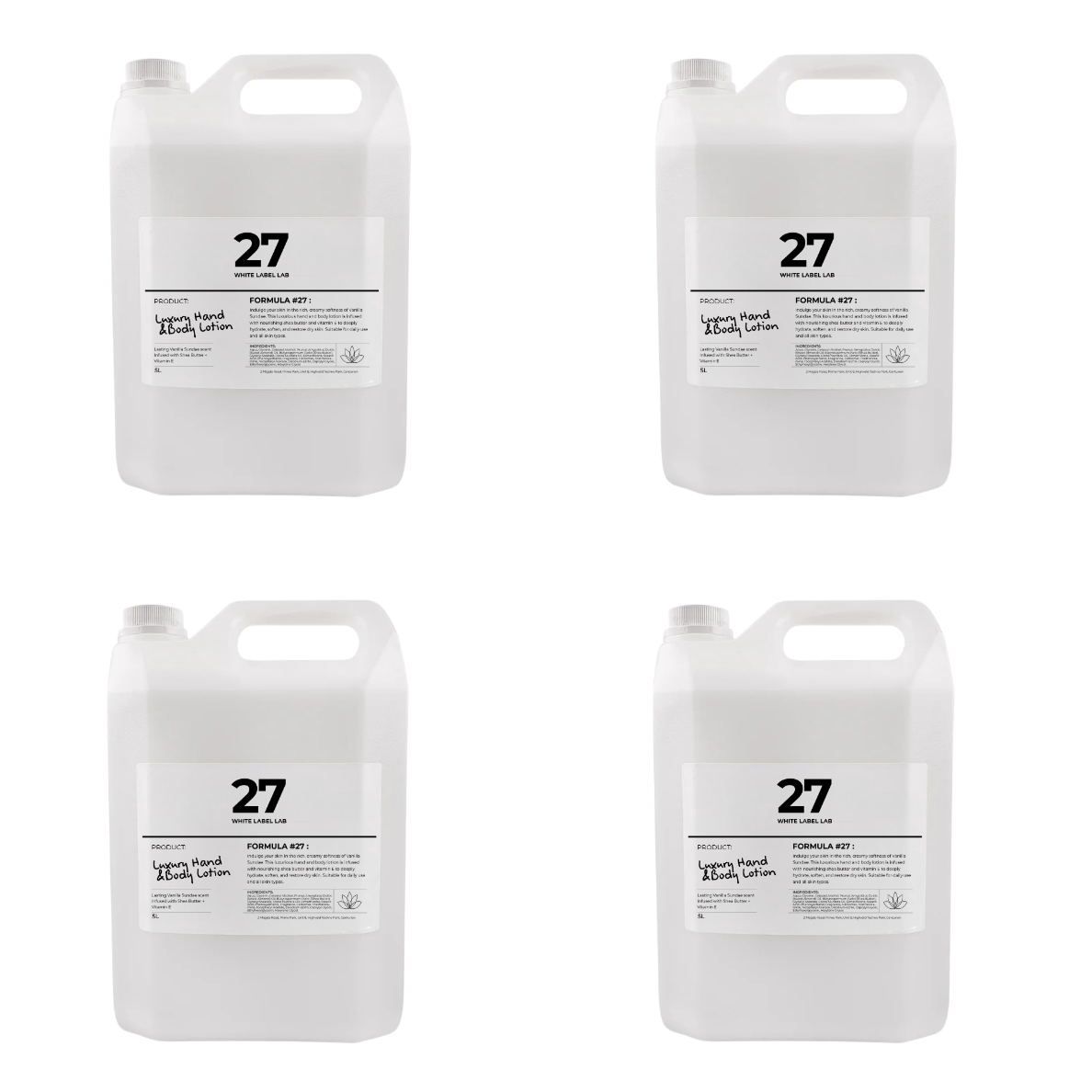 Four Brightpack Vanilla Sundae Luxury Hand and Body Lotion #27 jerry cans displayed together for bulk pack option