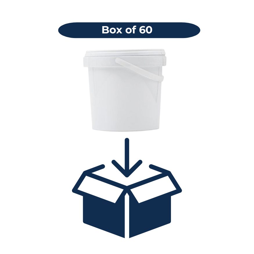 Box of 60 white plastic buckets with lids – 1L size