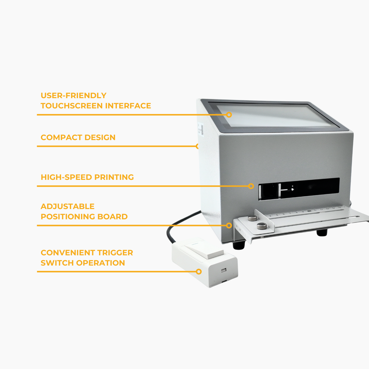 Inkjet batch coding printer angled with feature text on side