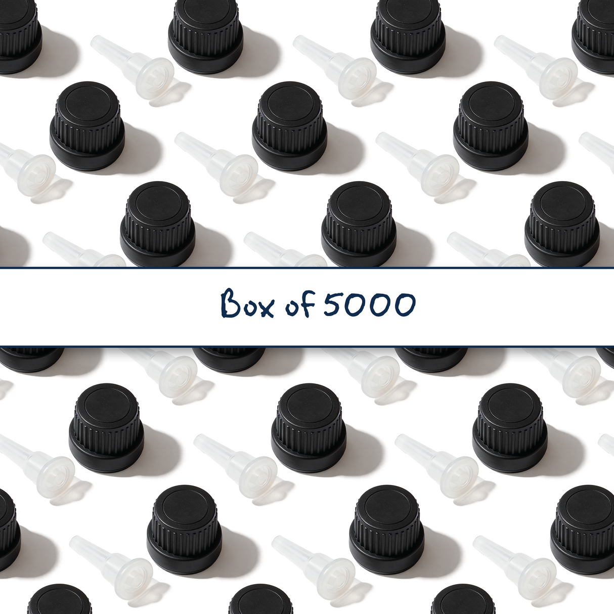 Multiple black Mushroom dropper caps with 0.7 mm medium flow orifice for controlled dispensing of cosmetic, pharmaceutical and liquid products
