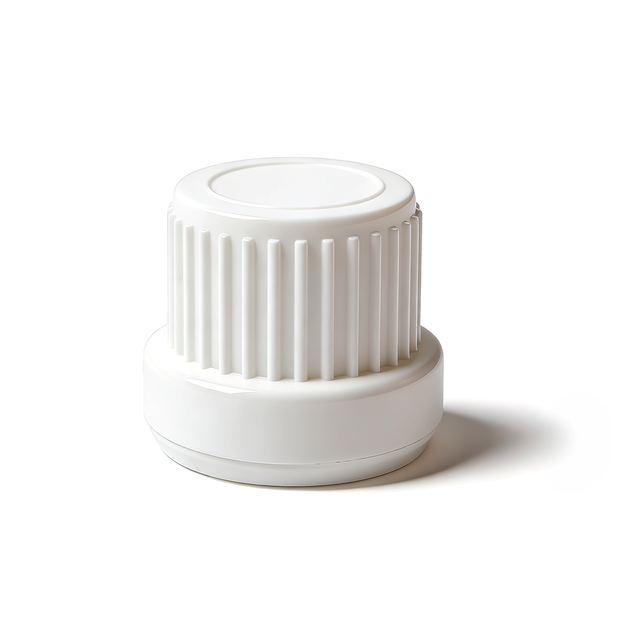 White Mushroom dropper cap with 0.7 mm medium flow orifice for controlled dispensing of cosmetic, pharmaceutical and liquid products