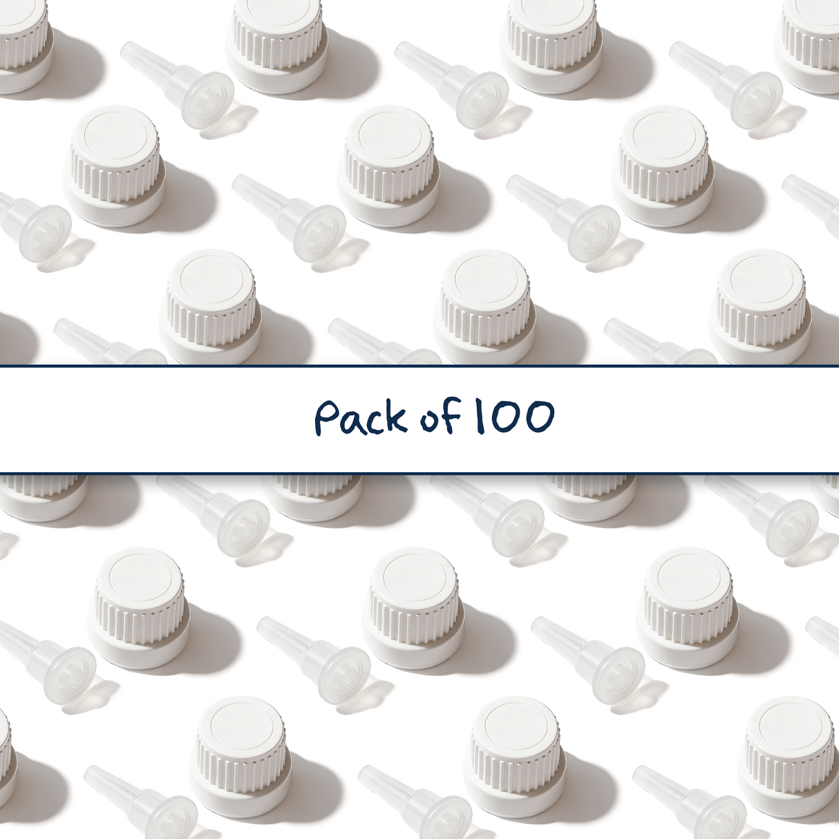 Multiple white Mushroom dropper caps with 0.7 mm medium flow orifice for controlled dispensing of cosmetic, pharmaceutical and liquid products
