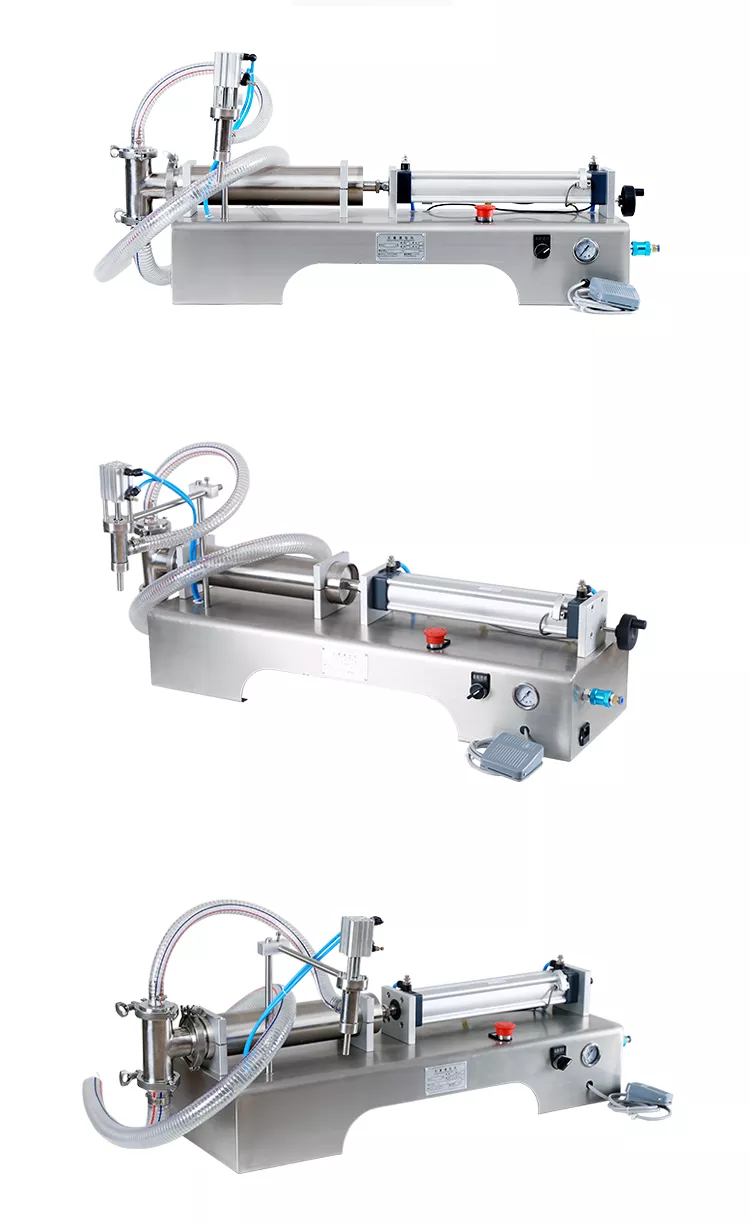 Pneumatic liquid filling machine shown at three angles