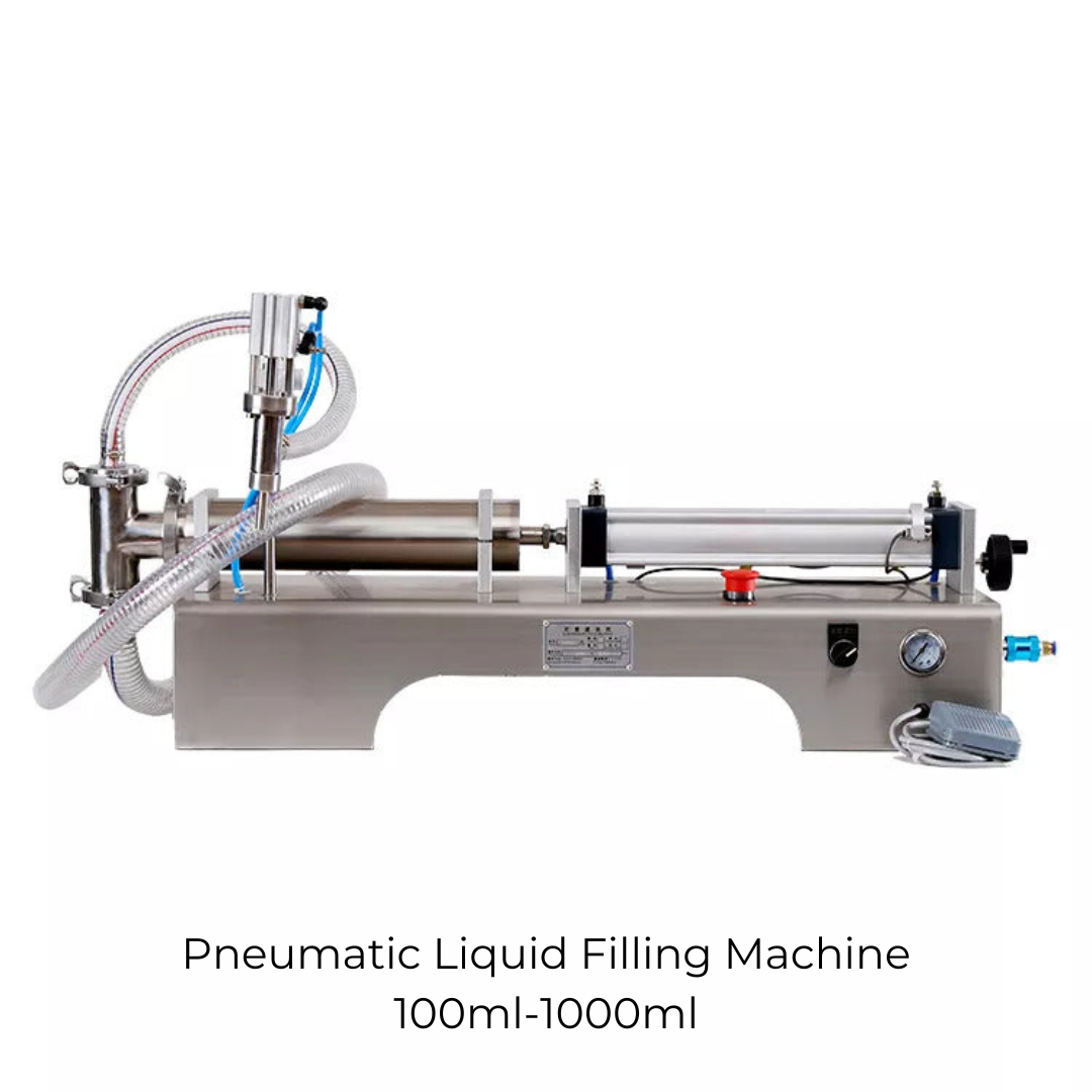 Pneumatic liquid filling machine 100–1000ml front view with label