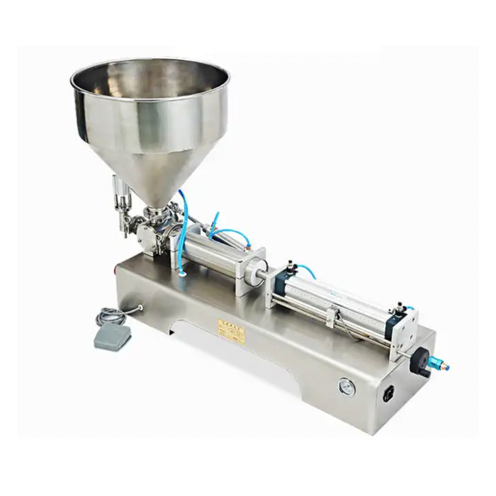 Pneumatic liquid filling machine with 30L hopper tilted front view