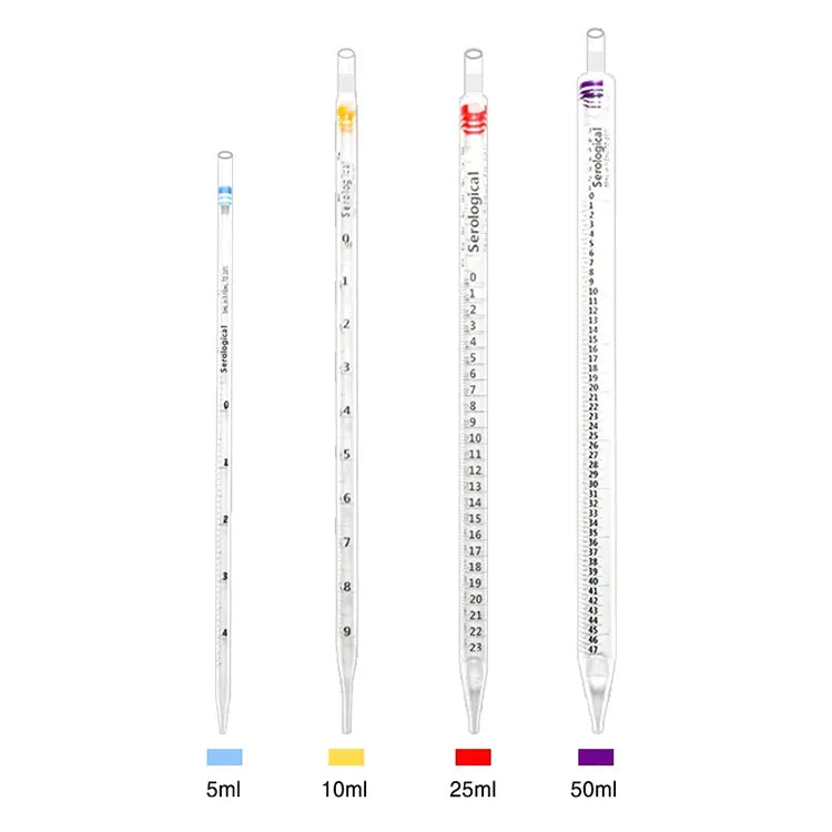 Serological pipettes in four different lengths standing upright